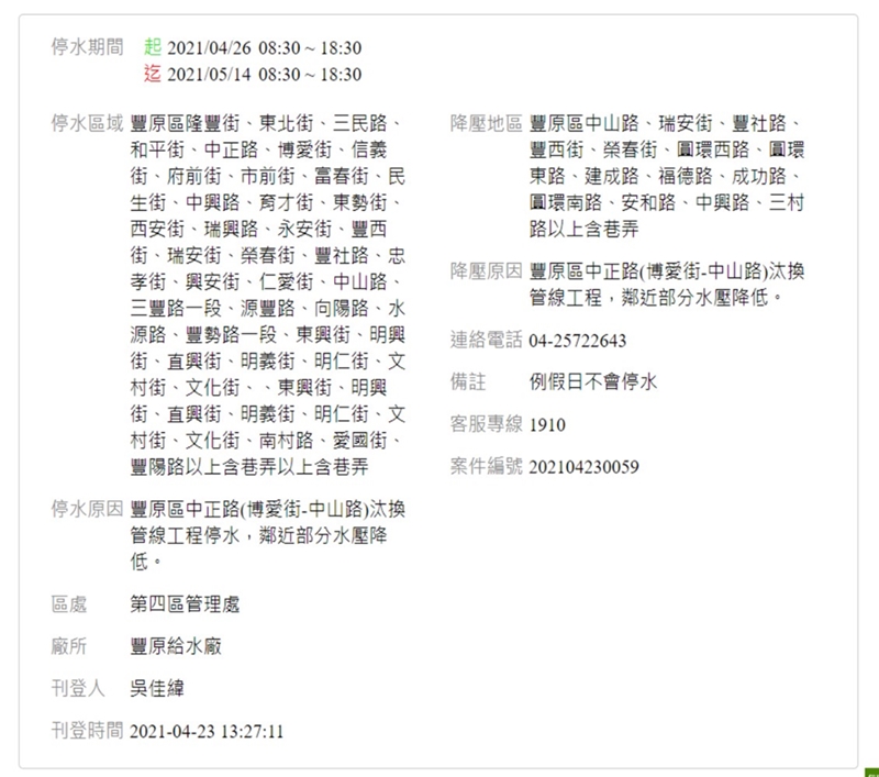 台中這一區今天開始停水減壓!最多19天~廟東夜市也在範圍中 台中這一區今天開始停水減壓!最多19天~廟東夜市也在範圍中