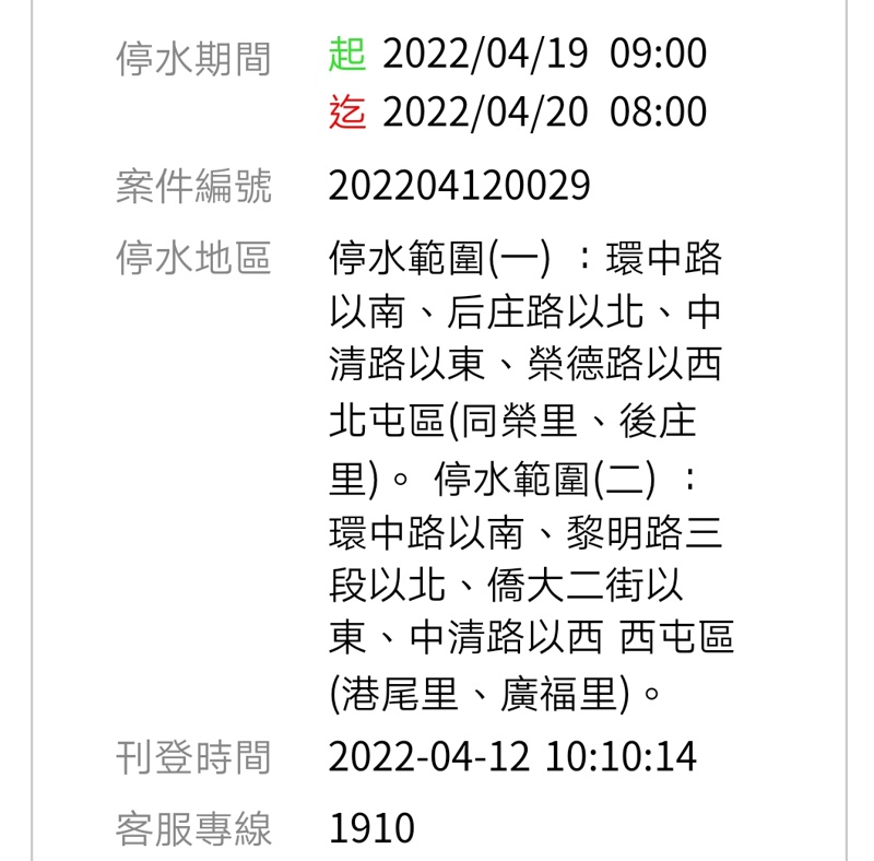 台中朋友注意啦！四行政區部分地區停水或減壓23小時