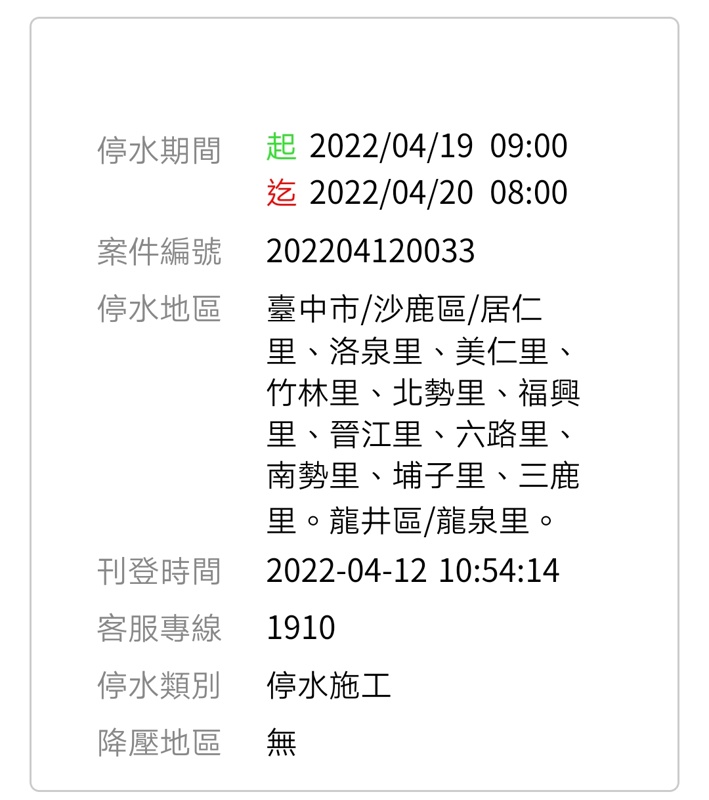 台中朋友注意啦！四行政區部分地區停水或減壓23小時