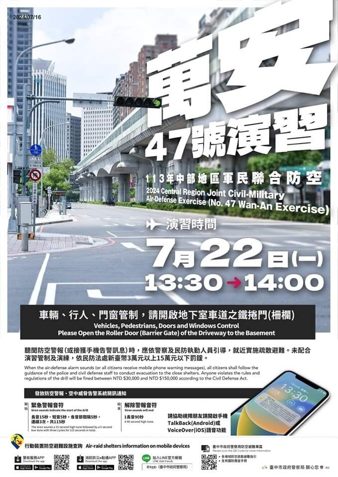 台中萬安演習來啦！期間各家外送暫停~交通.避難注意事項看這篇