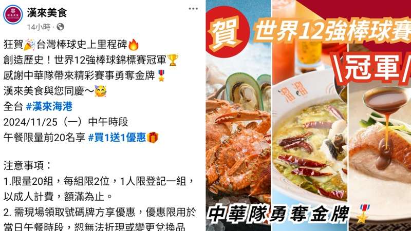 慶祝中華隊世界冠軍!除了便利商店還有吃到飽買一送一等更多優惠!
